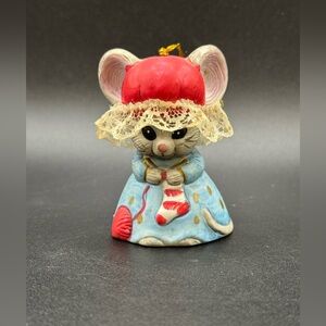 Jasco Christmas Ornament Lil Chimers Mouse Handpainted Bisque Porcelain Bell VTG